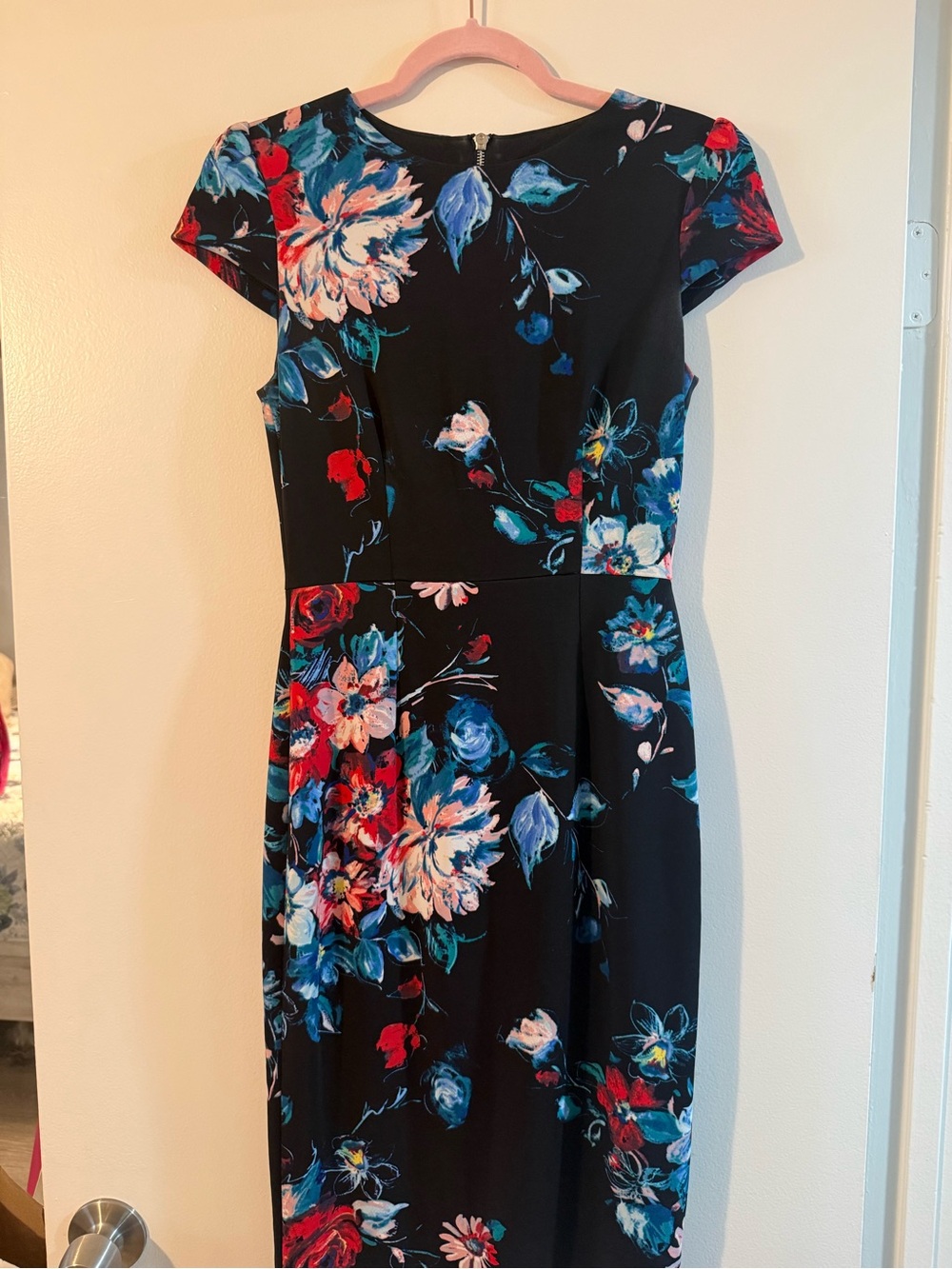 Betsey Johnson Black Midi Dress with Blue, Red & Pink Floral Print